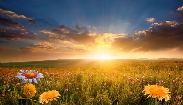 Background Field And Sun With Flowers
