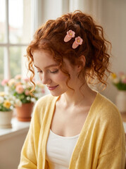 Naklejka premium Young woman with red hair wearing cute pink flower hair clips. Beautiful girl styling hair with floral accessories. Trendy hair decoration for summer fashion look and female beauty.