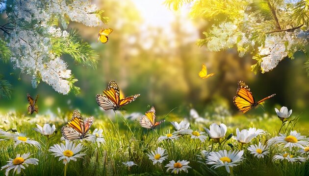Easter Spring Background With Forest Meadow With White Spring Flowers And Yellow Butterflies On A Sunny Day Easter Morning