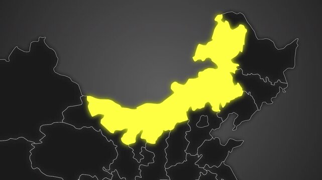 Animated glowing map of Inner Mongolia, China, with a highlighted outline on a dark gray gradient background, ideal for geography, travel, news, and infographic projects.