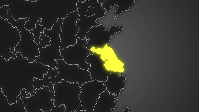 Animated glowing map of Jiangsu, China, with a highlighted outline on a dark gray gradient background, ideal for geography, travel, news, and infographic projects.