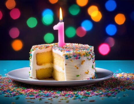 vibrant candle lying beside a sliced vanilla frosted sheet cake adorned with colorful sprinkles and a single lit first birthday candle