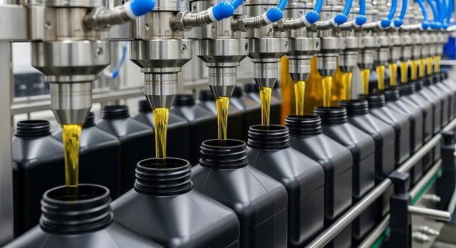 Automated oil filling machine in factory. Industrial production line filling plastic bottles.