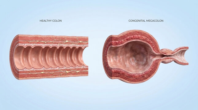 Congenital Megacolon vs Healthy Colon Cross Section Anatomy Illustration
