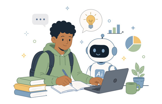 Back to School with AI Assistant &ndash; Student Learning with Educational Robot Flat Vector Illustration. Vector png.