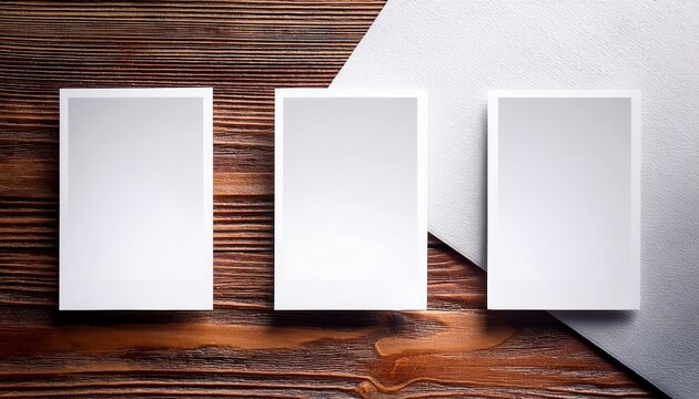 Three Vertical Blank Photo Cards Laid On Textured Wooden And White Paper Background With Copy Space