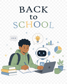 Back to School with AI Assistant &ndash; Student Learning with Educational Robot Flat Vector Illustration. Vector png.