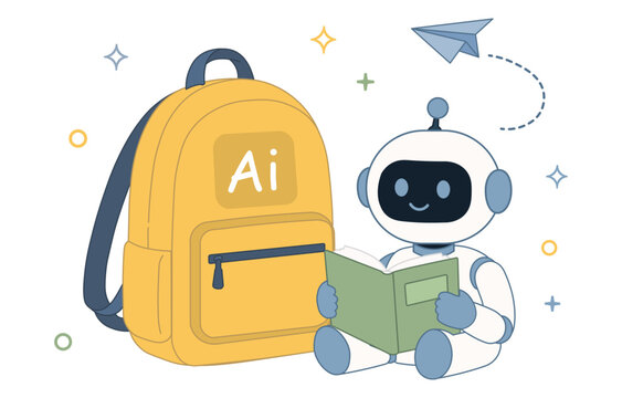 Back to School with AI Assistant &ndash; Student Learning with Educational Robot Flat Vector Illustration. Vector png.