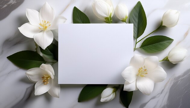 A Blank White Card Placed On A Marble Surface Surrounded By Delicate White Flowers The Scene Is Minimalistic And Elegant Ideal For Invitations Or Personal Messages
