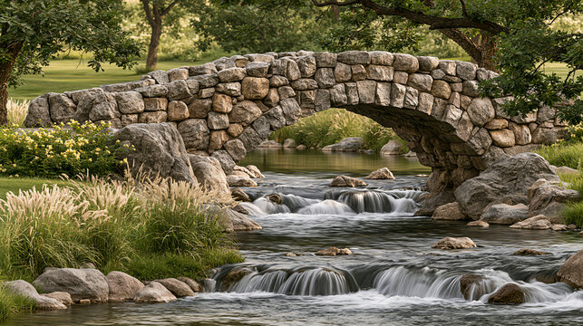 Stone bridge over a flowing stream in a serene countryside setting for Hobbit Day  