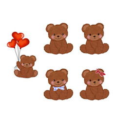 Fototapeta premium Cute teddy bear character set with red heart balloons and bow ties isolated on white background
