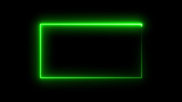 Glowing green neon rectangular frame border with electric light effect moving along the edges isolated on a black background for digital video motion graphic design and overlays