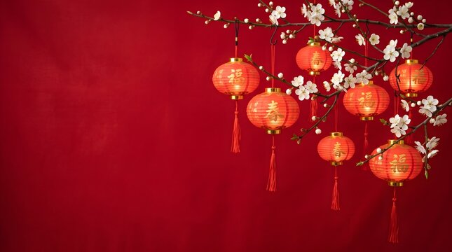 Traditional chinese red lanterns hanging on blooming plum blossom branches against a deep red background for lunar new year celebration greeting