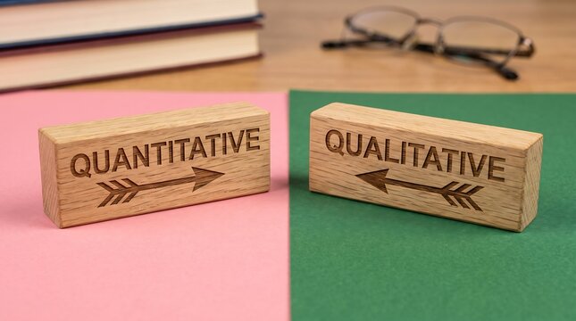 Quantitative and qualitative research concept, wooden blocks with engraved text on pink and green background, data analysis and methodology comparison