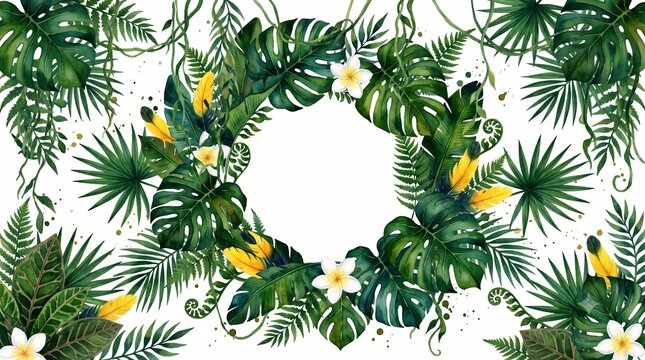 Elegant watercolor wedding invitation featuring a geometric eucalyptus botanical frame with tropical leaves and yellow flowers