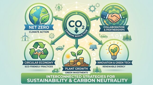 Sustainability and carbon neutrality infographic, net zero climate action strategy, circular economy and green technology concept illustration