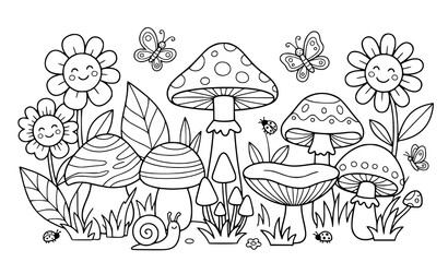 Black and white coloring page for kids featuring cute smiling flowers mushrooms butterflies and a happy snail in nature © Alamin