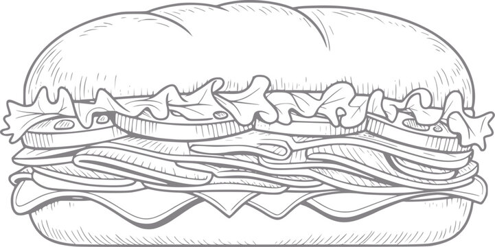 Dibujo a mano de un delicioso s&aacute;ndwich submarino con lechuga y tomate