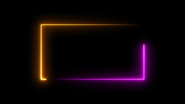 Glowing neon rectangle frame with vibrant purple and orange light lines on a dark black background for modern digital design templates and creative social media content borders