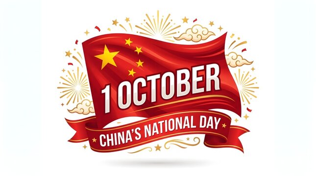 Celebratory graphic design featuring a waving red flag with yellow stars for the first of october china national day holiday
