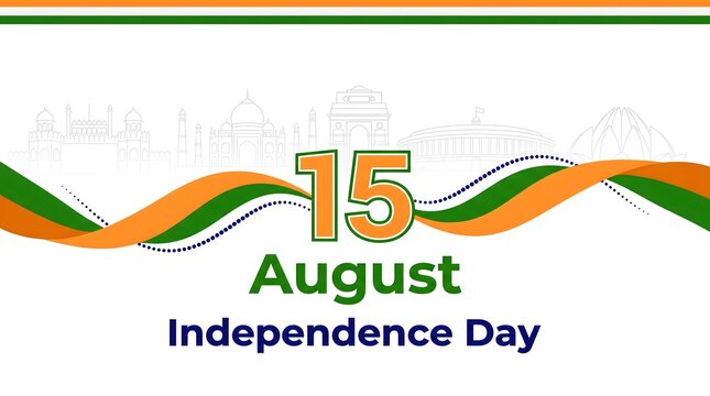 15 August Independence Day India Wavy Ribbon with City Skyline Silhouette
