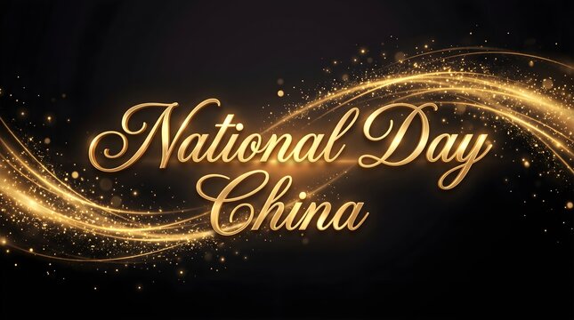 Elegant golden typography for china national day celebration featuring glowing light trails and sparkles on a dark background for festive design