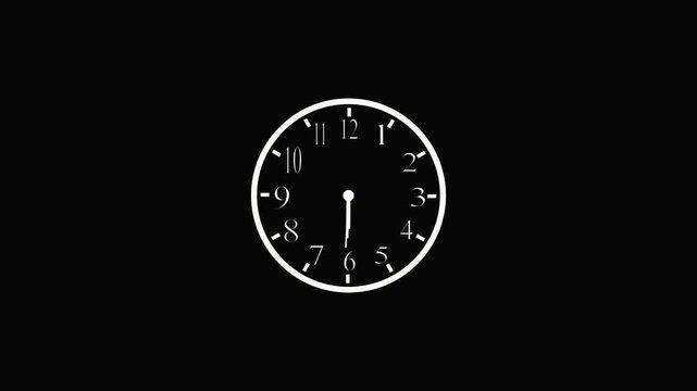 Minimalist white wall clock face icon with classic numbers and hands showing the time isolated on a black background for simple design projects and clear timekeeping visual concepts