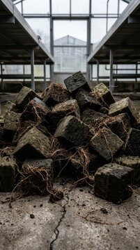 Vertical view of stacked used rockwool root cubes with exposed roots on cracked concrete in an abandoned industrial greenhouse for background textures