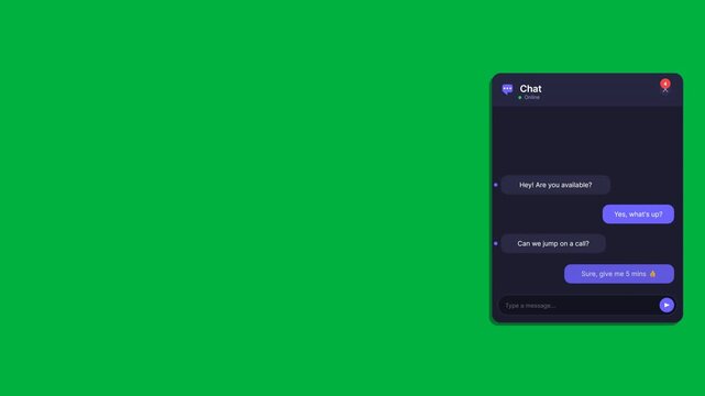 Digital chat interface window with text bubbles appearing on a green screen for chroma key compositing