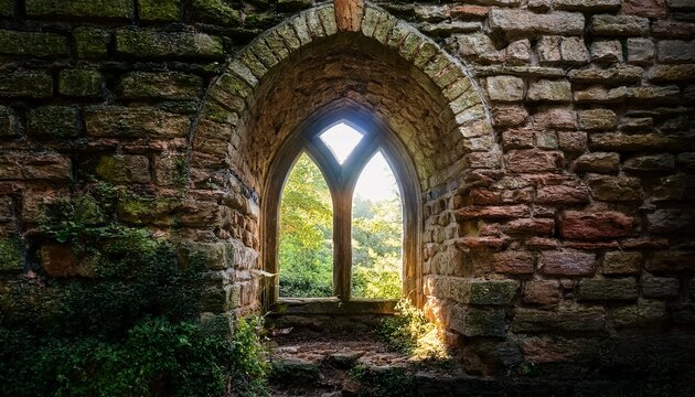 Old Stone Window Arch In Weathered Brick Wall With Soft Lighting