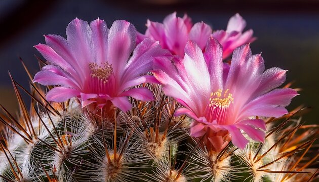 Dewy Pink Cactus Flowers And Spines Macro
