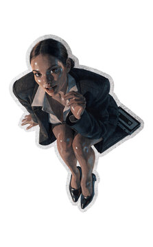 Confused businesswoman sitting with as transparent object