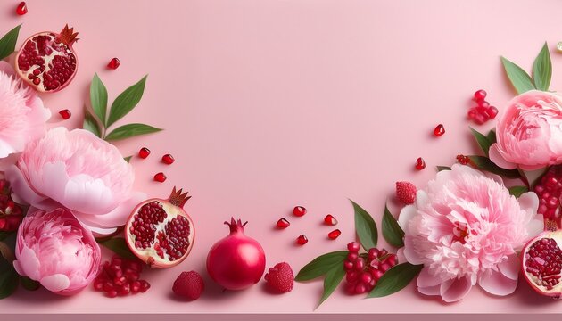 A Wide Horizontal Banner With Empty Copy Space In A Soft Pastel Color Scheme Featuring Peonies Raspberries And Sliced Pomegranates