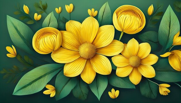Bright Yellow Flowers Arranged Artistically With Green Leaves In A Simple Design
