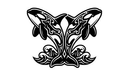 Mirrored orca whales jumping above stylized ocean waves. © Stephanie