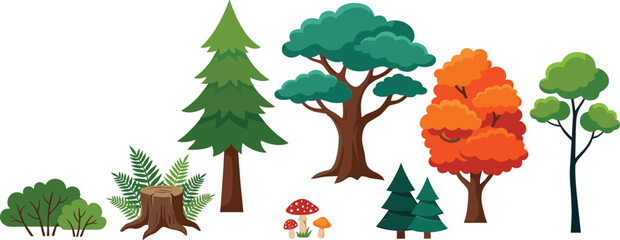 Cartoon woodland vegetation collection with diverse green and orange trees fern plants and forest ground details isolated on white background © MdSaddam