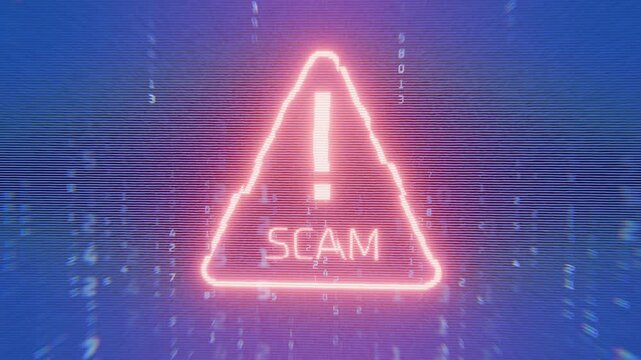 Danger of fraud. Warning: scam. Red icon with an exclamation point and the word "scam." Telephone scam. Danger of exchange animation. Email scam. Phishing.