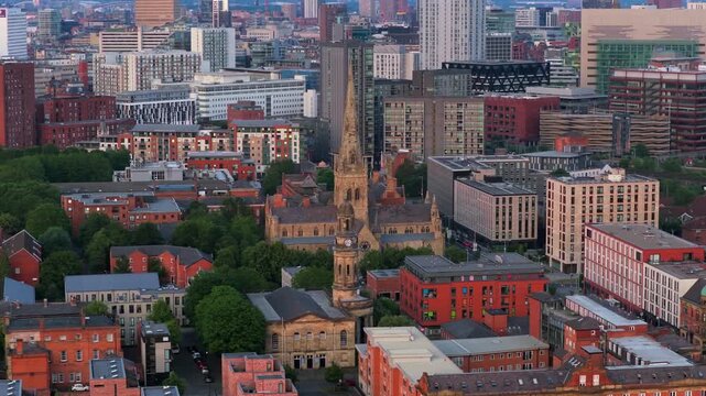 Aerial Video of Salford Cathedral and St Philip's Church at Sunset