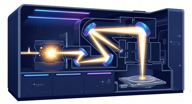 Cutaway view of an EUV lithography system with a golden light beam reflecting through a series of curved mirrors onto a wafer stage.