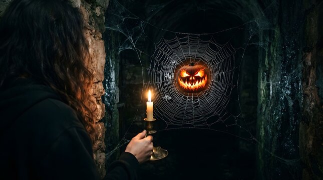 Person holding a candle in a dark dungeon with a glowing jackolantern trapped in a giant spider web