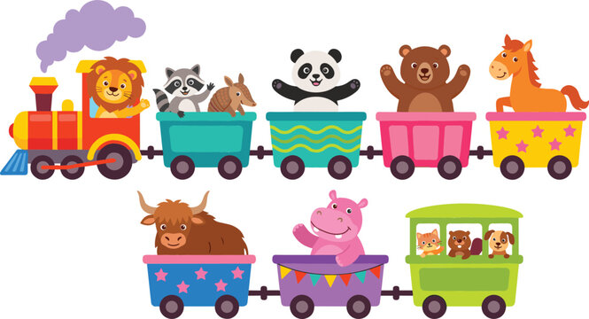 Cute cartoon animals riding toy train vector illustration featuring lion panda bear horse hippo and steam locomotive engine for nursery decor