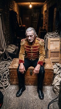 &Auml;lterer Zirkusartist in goldener Uniformjacke sitzt nachdenklich auf einer Holzkiste backstage im Lagerraum