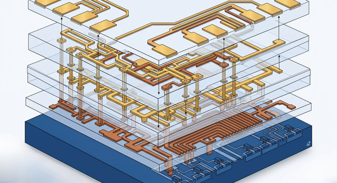 Detailed multi-layer chip circuitry diagram in an exploded view displaying interconnected metal layers and embedded components.