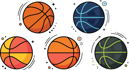 Obraz premium Basketball Vector Icon Set Featuring Classic Orange, Neon Blue, Futuristic Cyberpunk, and Colorful Minimalist Ball Designs for Sports Graphics and Games