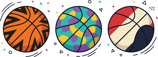 Obraz premium Creative Basketball Vector Icon Set Featuring Tiger Stripe Pattern, Colorful Mosaic Camouflage, and Retro Abstract Geometric Designs for Sports Branding