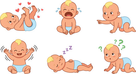  Cute cartoon baby character emotion set showing different facial expressions and activities like crying sleeping crawling and laughing vector illustration