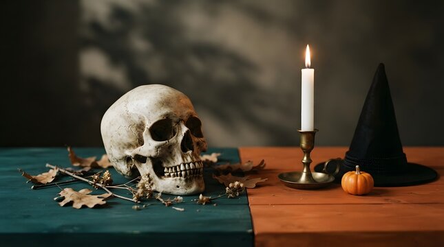 Halloween still life with human skull, burning candle, witch hat and small pumpkin on wooden table