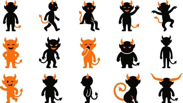 Set of cute cartoon devil characters in various poses and expressions isolated on a white background for design projects