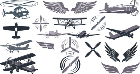  Vintage aviation vector set featuring retro biplanes propeller aircraft helicopters commercial airplanes and stylized wings for military emblem or logo design © MdSaddam