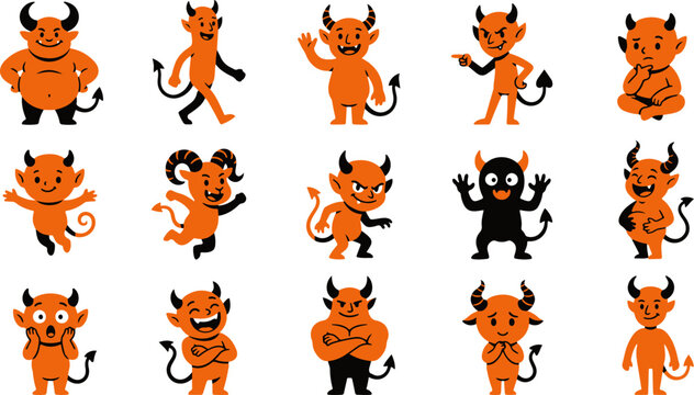 Set of cute cartoon devil characters in various poses and expressions isolated on a white background for design projects